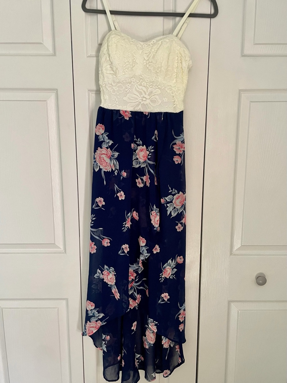 Lily Rose Navy Floral High-Low Maxi Romper with Cream Lace Bodice